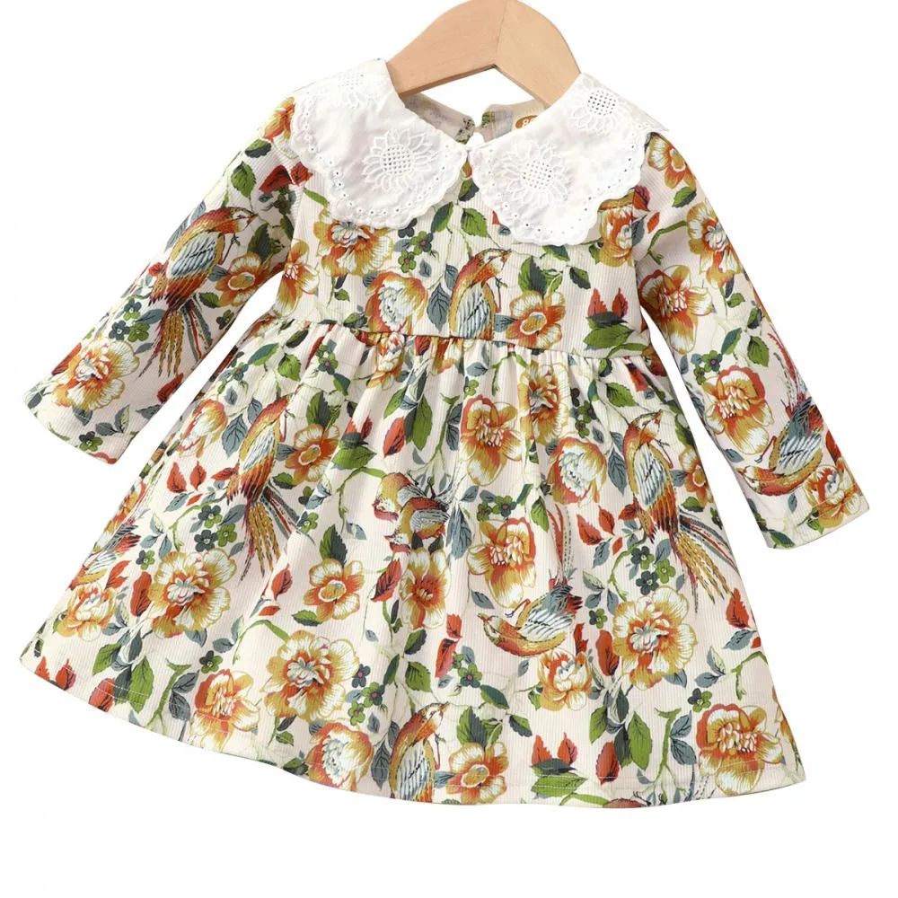 Autumn Winter Green Dress Long Sleeve Cotton Print Princess Girls Clothing Wholesale Girls Dress