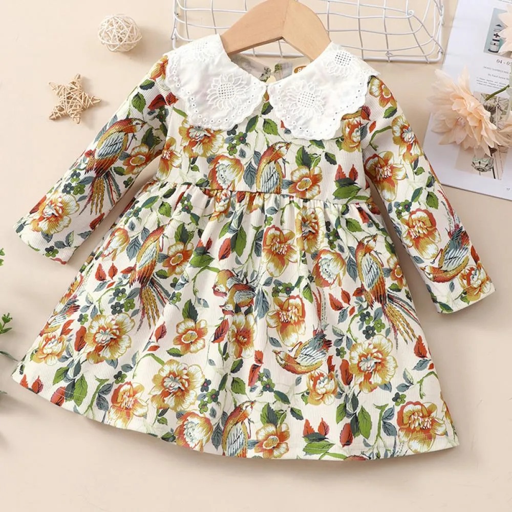 Autumn Winter Green Dress Long Sleeve Cotton Print Princess Girls Clothing Wholesale Girls Dress