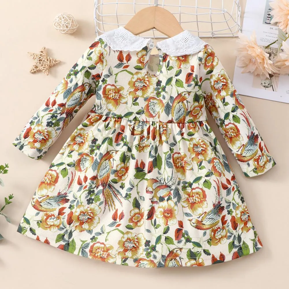 Autumn Winter Green Dress Long Sleeve Cotton Print Princess Girls Clothing Wholesale Girls Dress