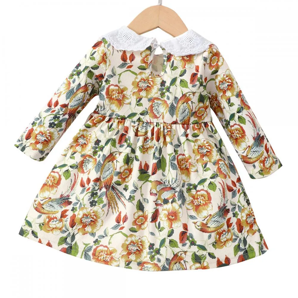 Autumn Winter Green Dress Long Sleeve Cotton Print Princess Girls Clothing Wholesale Girls Dress