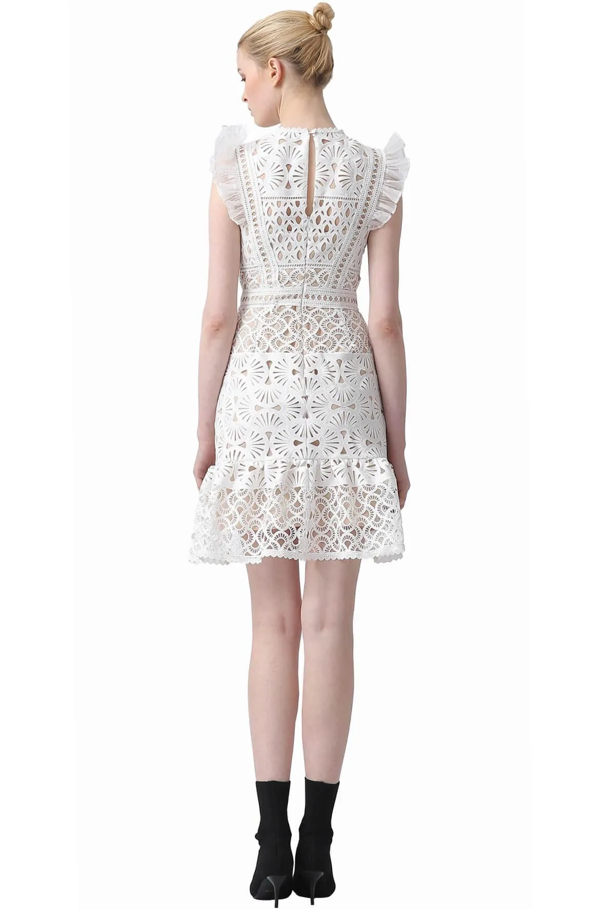 Ava Embroidered Flutter Sleeve Dress White