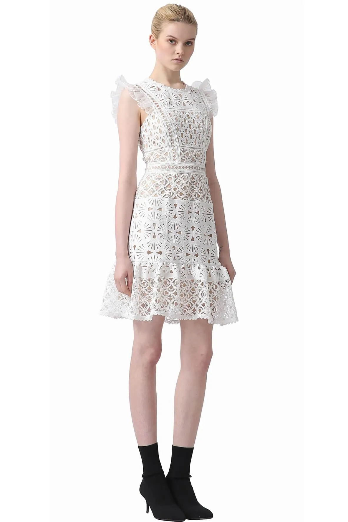 Ava Embroidered Flutter Sleeve Dress White