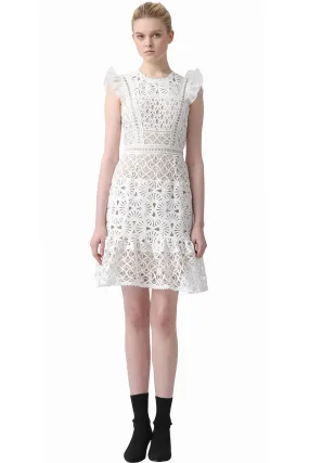 Ava Embroidered Flutter Sleeve Dress White