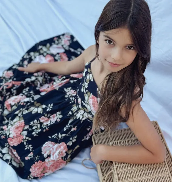 Ava Girls Floral Maxi Dress Navy Blue