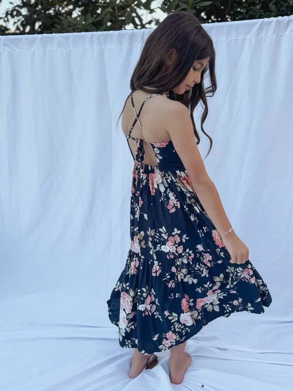 Ava Girls Floral Maxi Dress Navy Blue