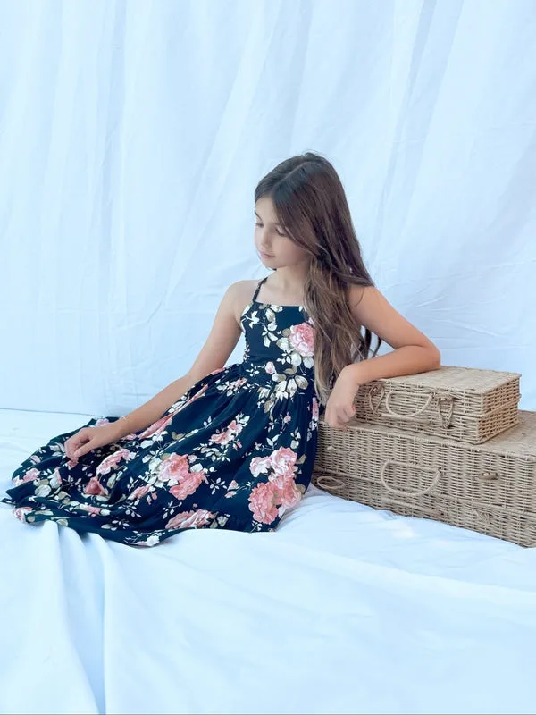 Ava Girls Floral Maxi Dress Navy Blue