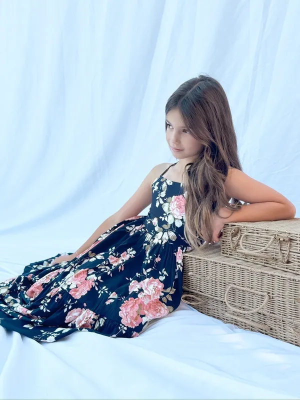 Ava Girls Floral Maxi Dress Navy Blue