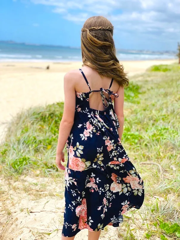 Ava Girls Floral Maxi Dress Navy Blue