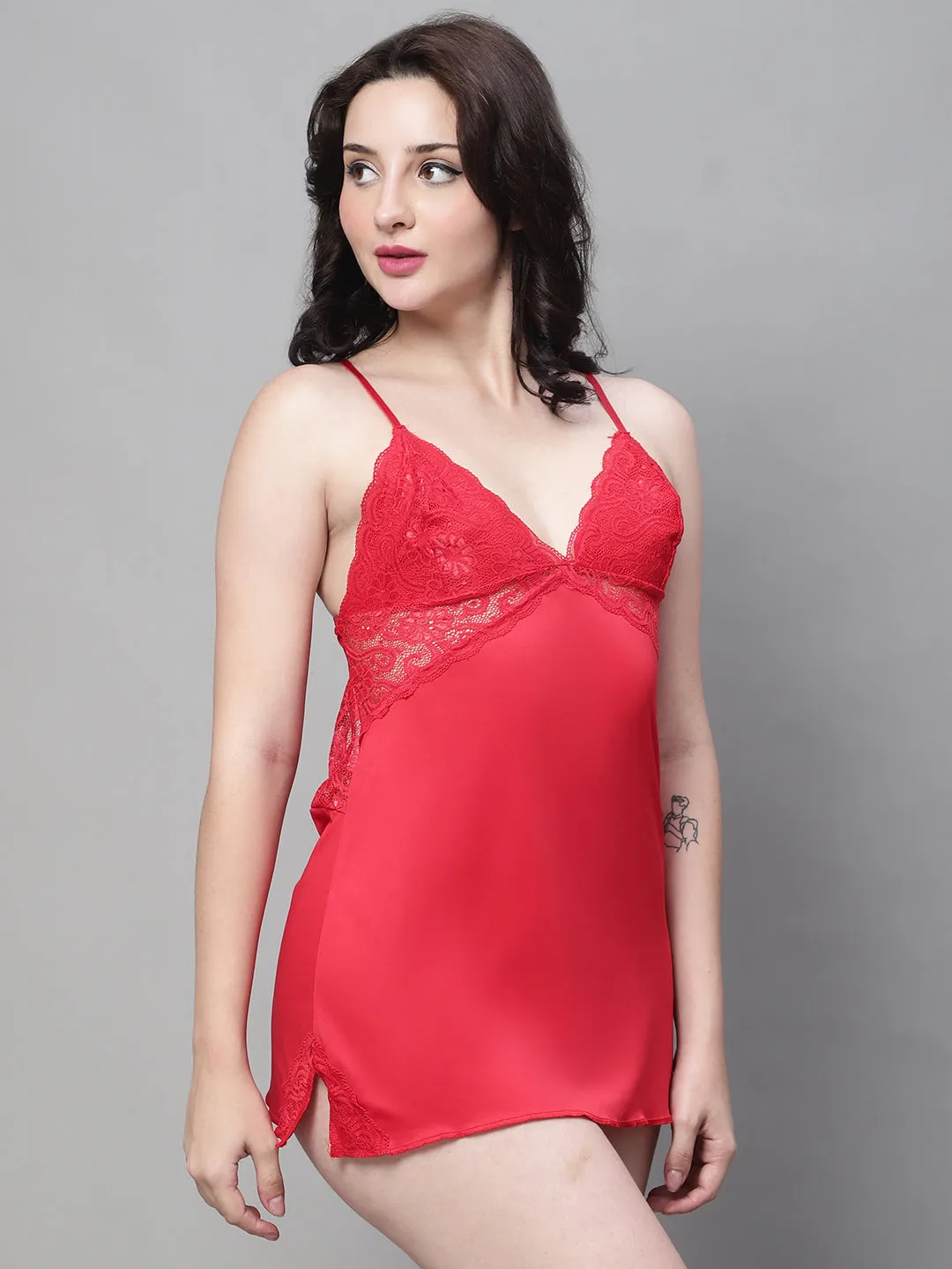 Babydoll Satin Back Cross Straps Dress - Red