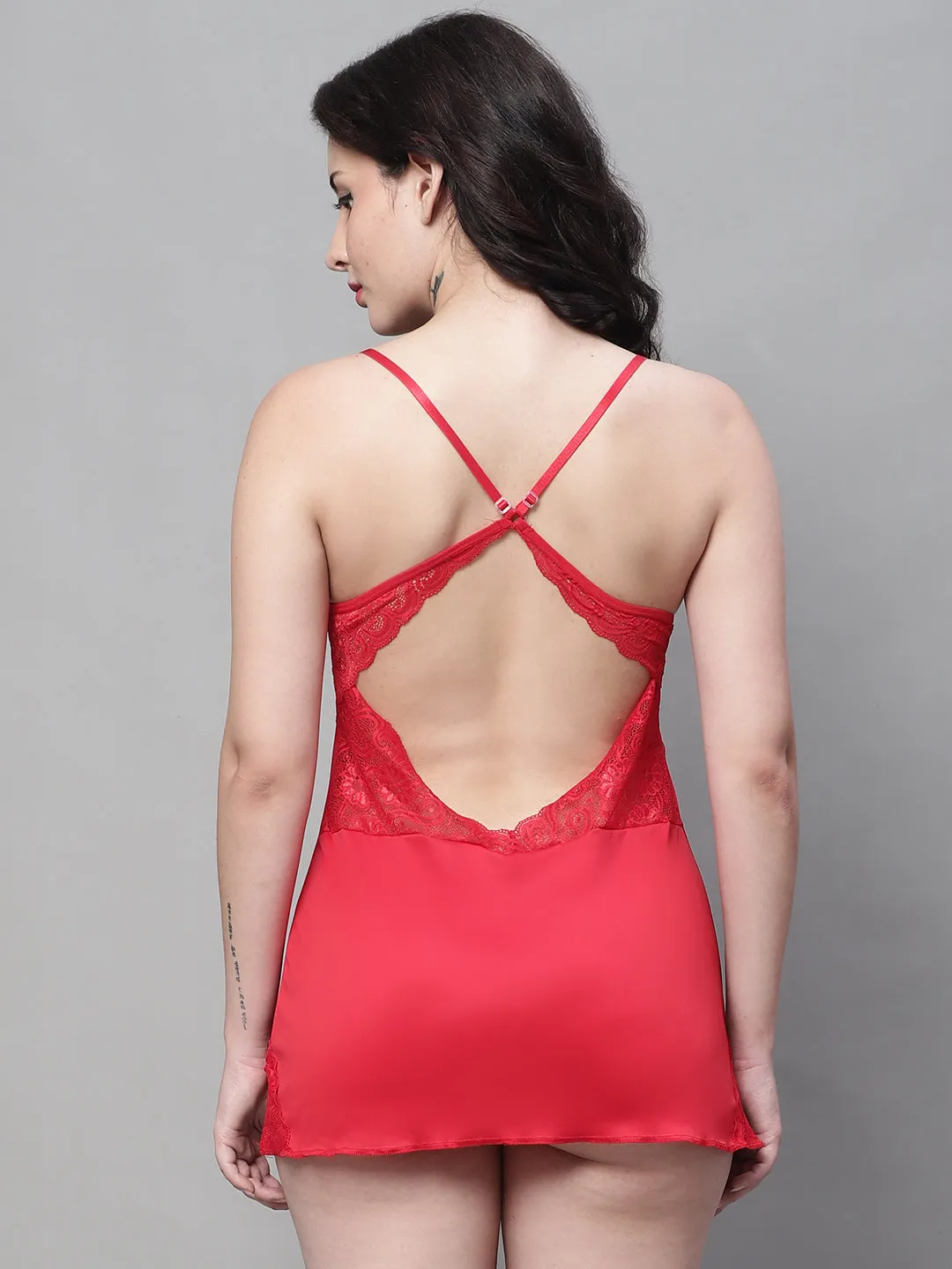 Babydoll Satin Back Cross Straps Dress - Red