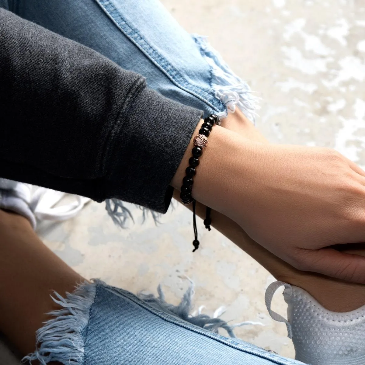 Balance | 18k Rose Gold & Gunmetal | Black | Crystal Yin Yang | Macrame Charmballa Bracelet