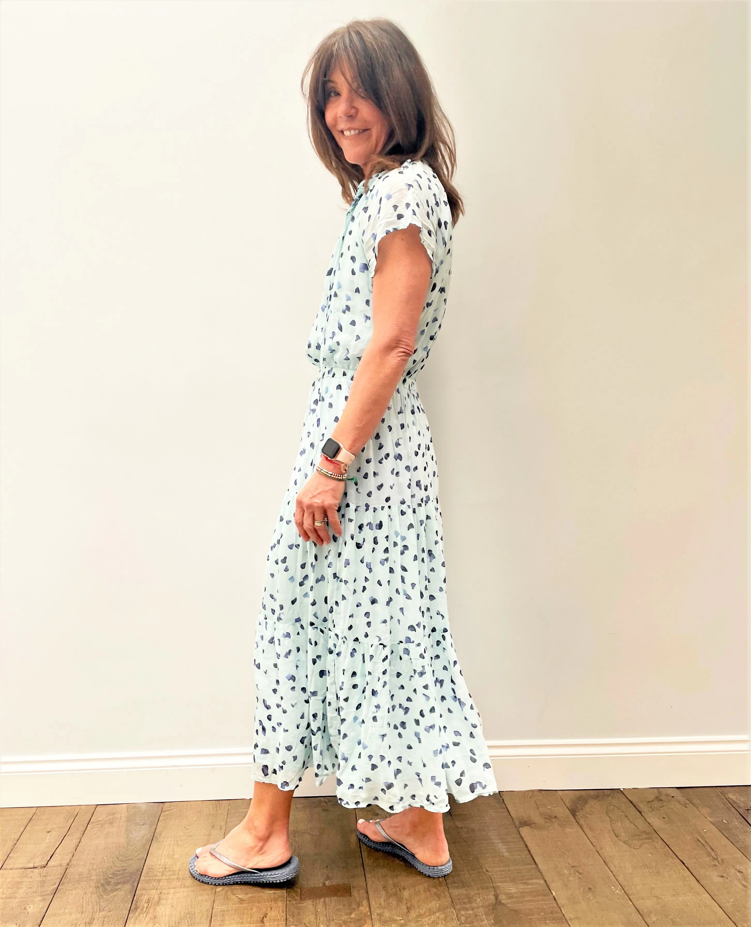 BD Flutter Raglan Maxi Tier Dress 6174 in Seaspray Dots