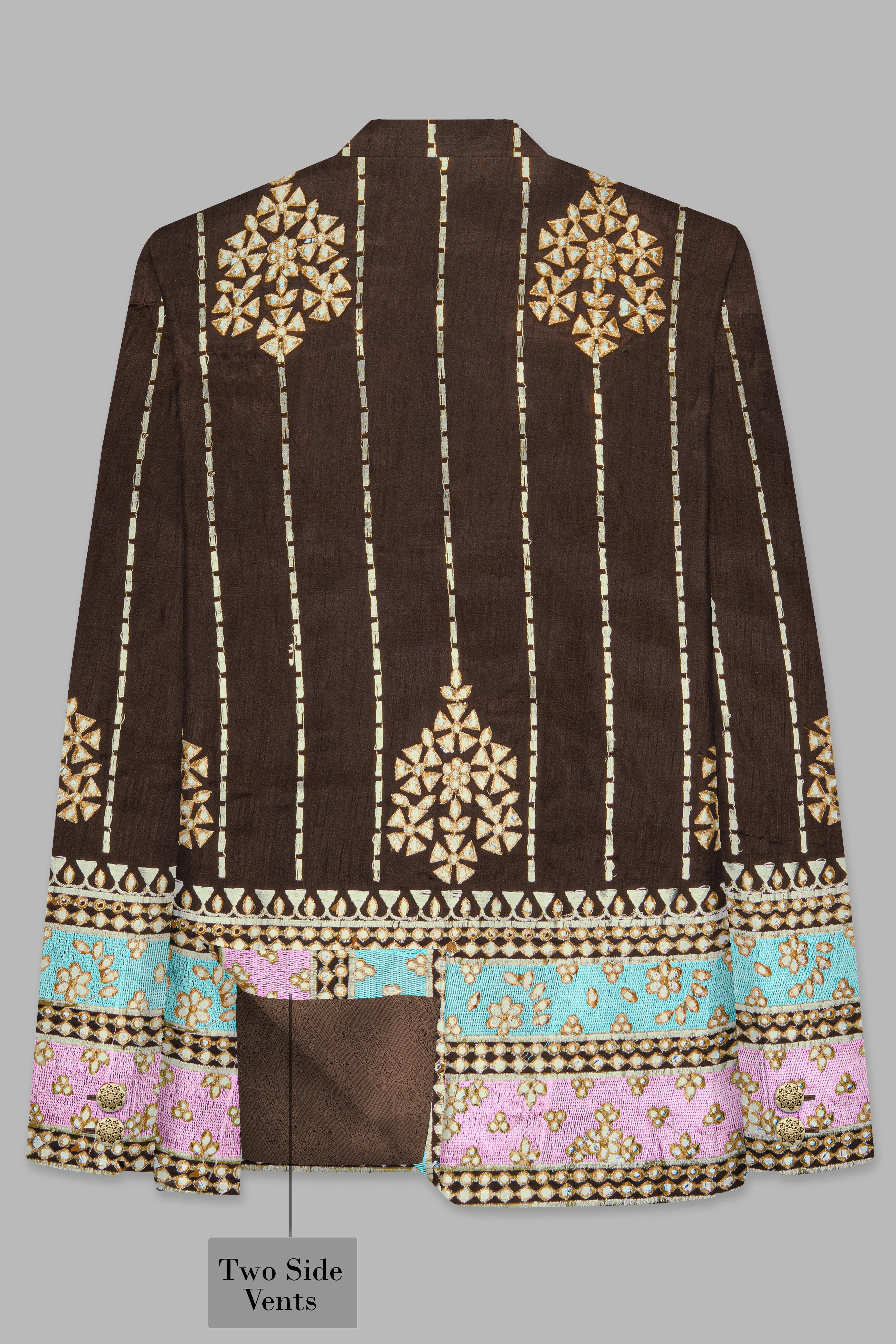 Bistre Brown With Downy Blue and pink Rajputi Embroidered Bandhgala Jodhpuri