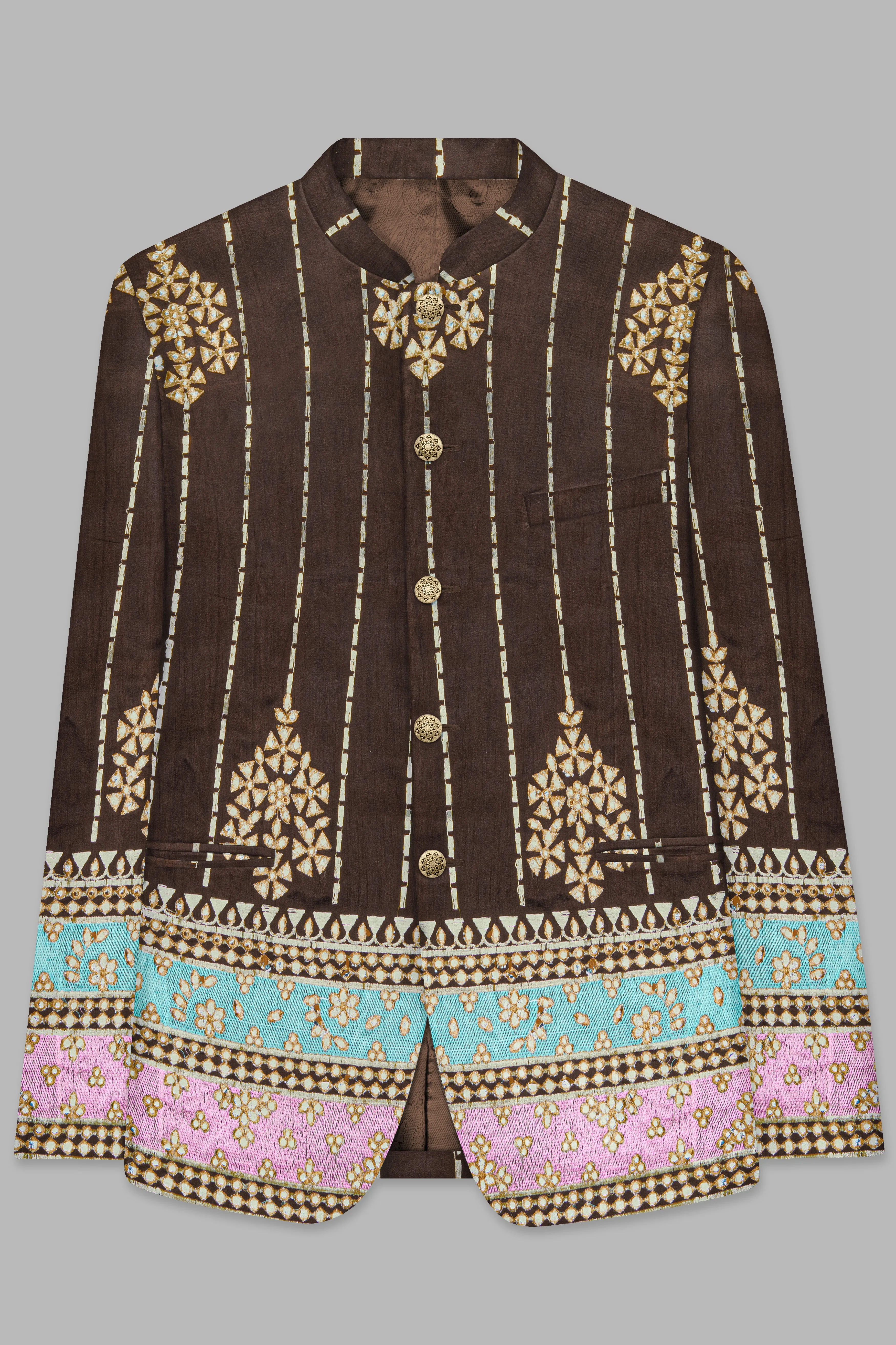 Bistre Brown With Downy Blue and pink Rajputi Embroidered Bandhgala Jodhpuri