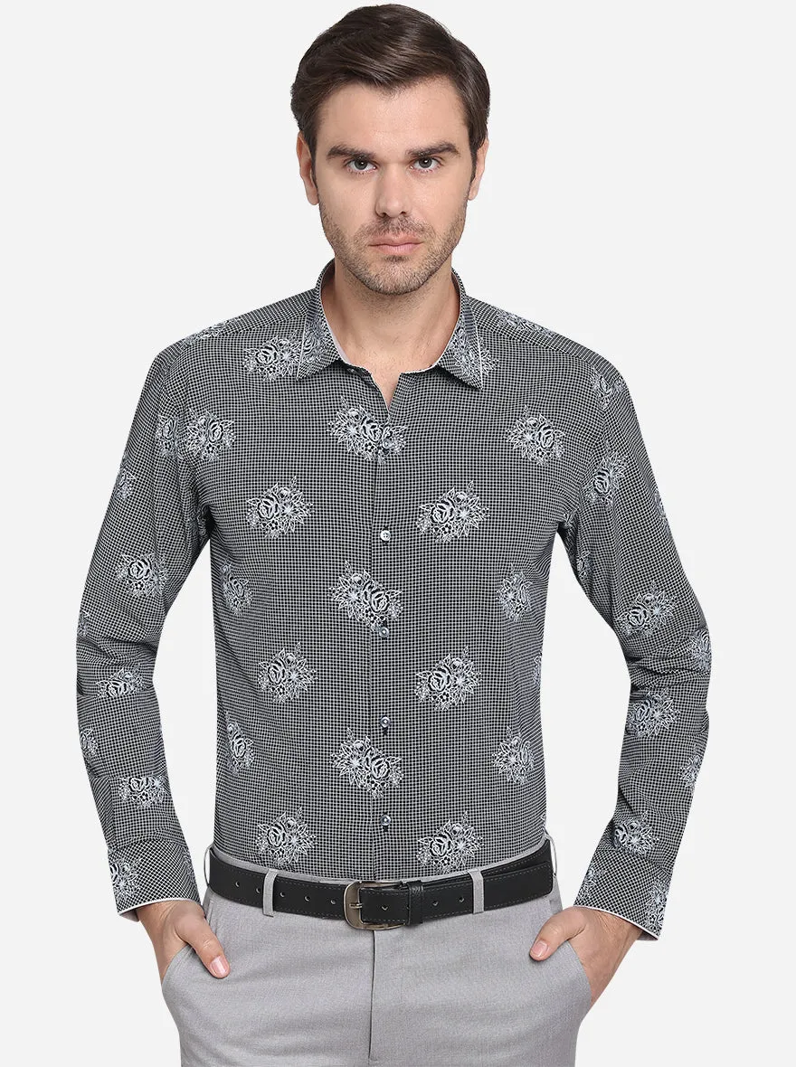 Black & Grey Printed Slim Fit Party Wear Shirt  | JB Studio