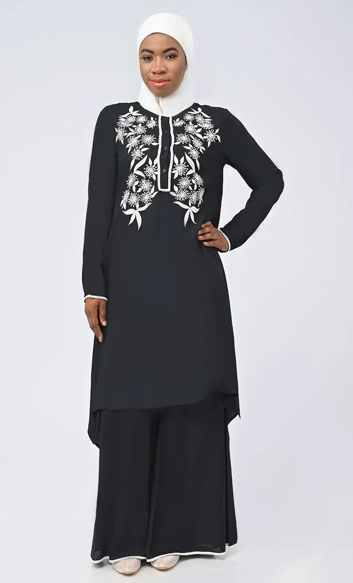 Black Embroidered Set With Hijab And Pockets