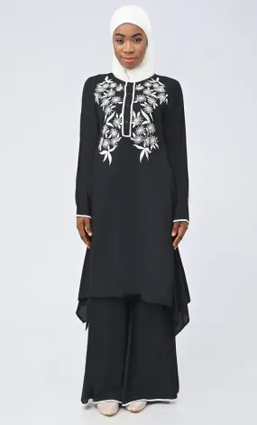 Black Embroidered Set With Hijab And Pockets