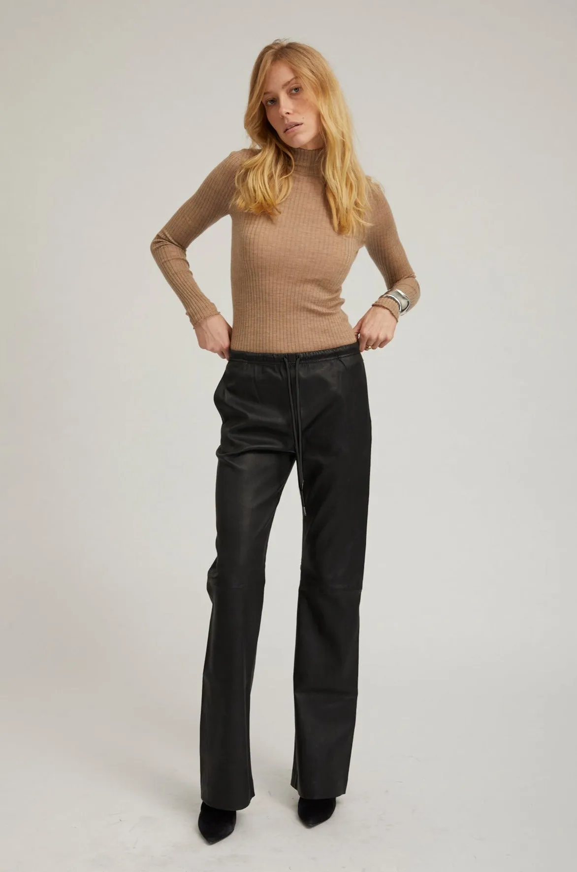 Black Leather Drawstring Straight Leg Pants