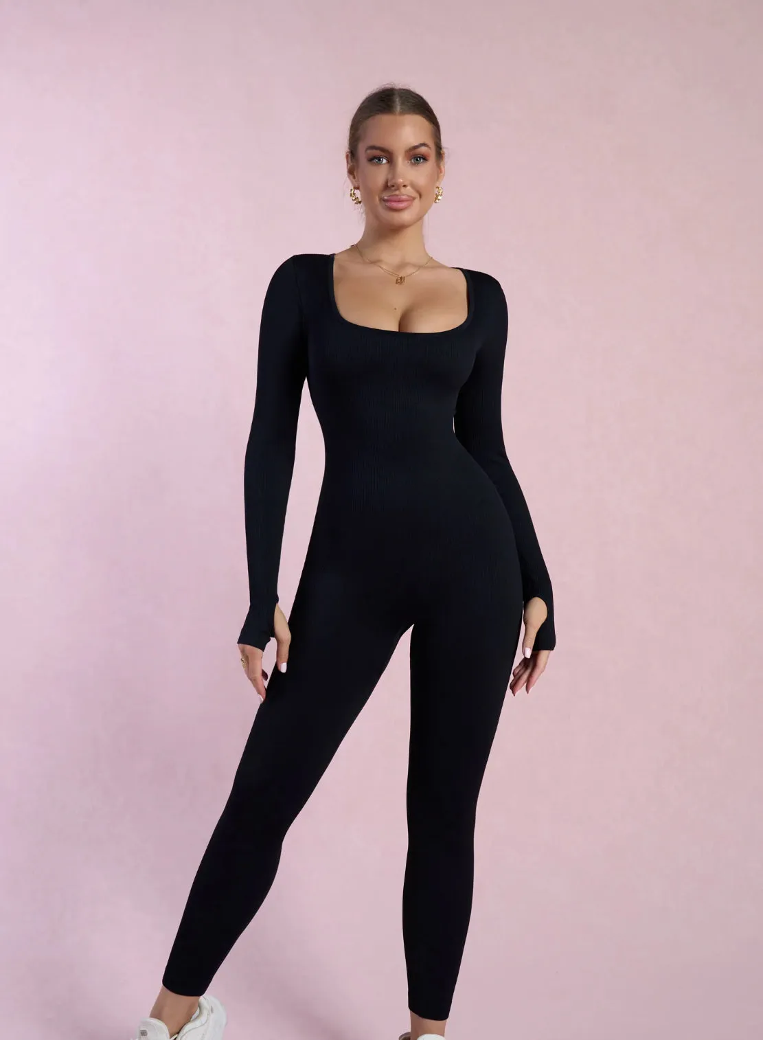 Black Long Sleeve Ribbed Sculpting Jumpsuit