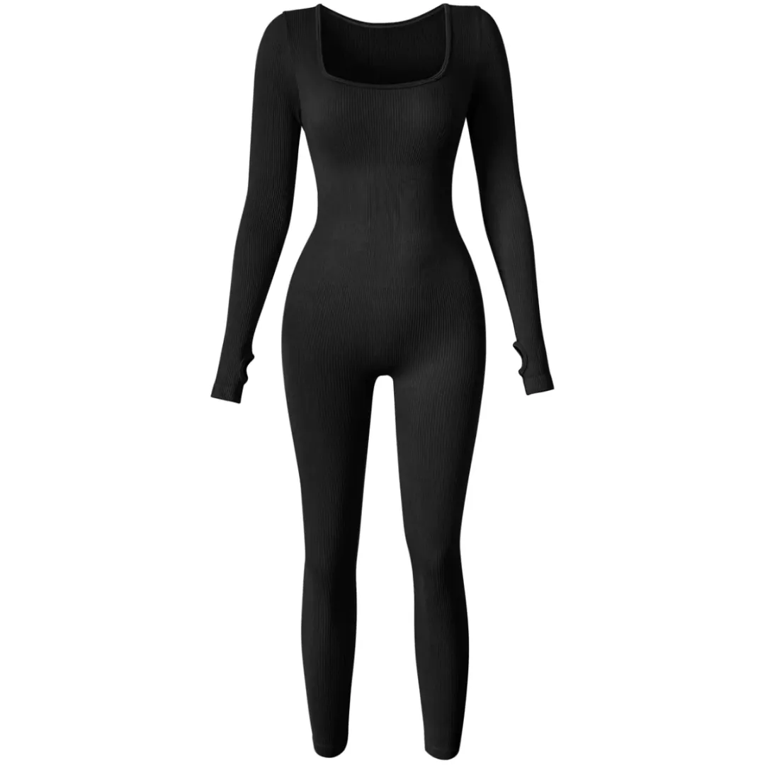 Black Long Sleeve Ribbed Sculpting Jumpsuit