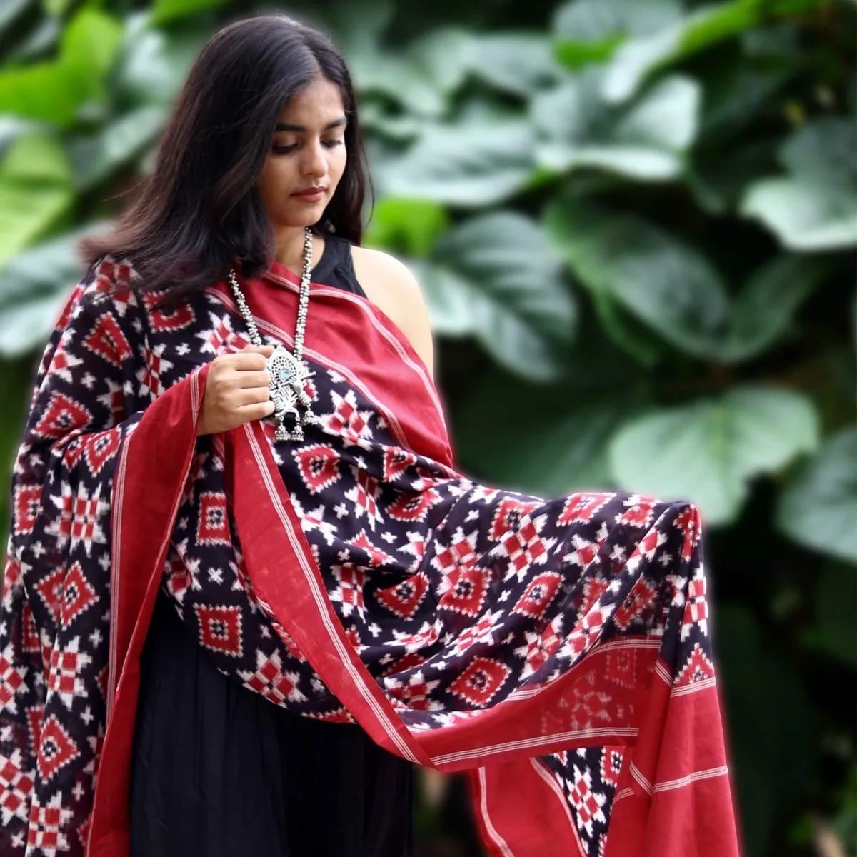 Black, Red, & White Cotton Telia Rumal Dupatta