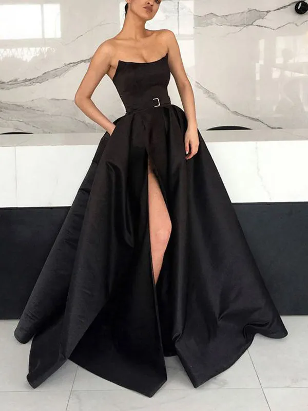 Black Satin Strapless Pockets Ball Gown Formal Prom Dresses,PD00153