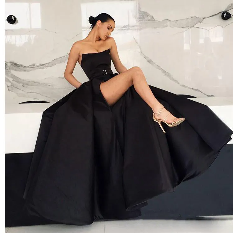 Black Satin Strapless Pockets Ball Gown Formal Prom Dresses,PD00153