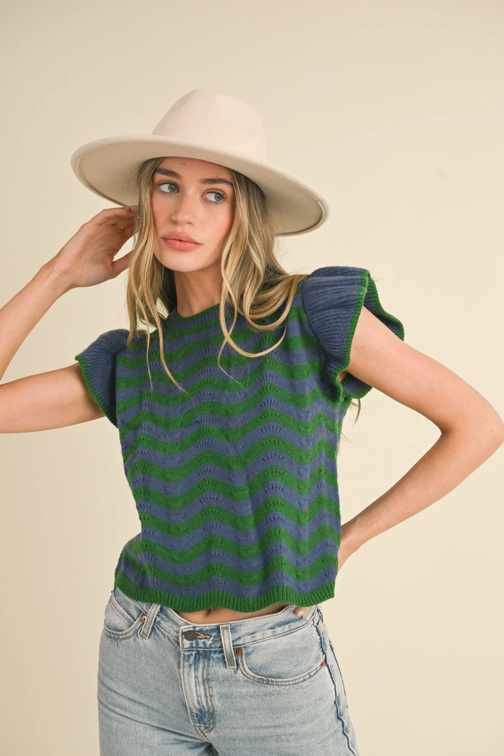 Blue and Green Wave Ruffle Sleeveless Sweater