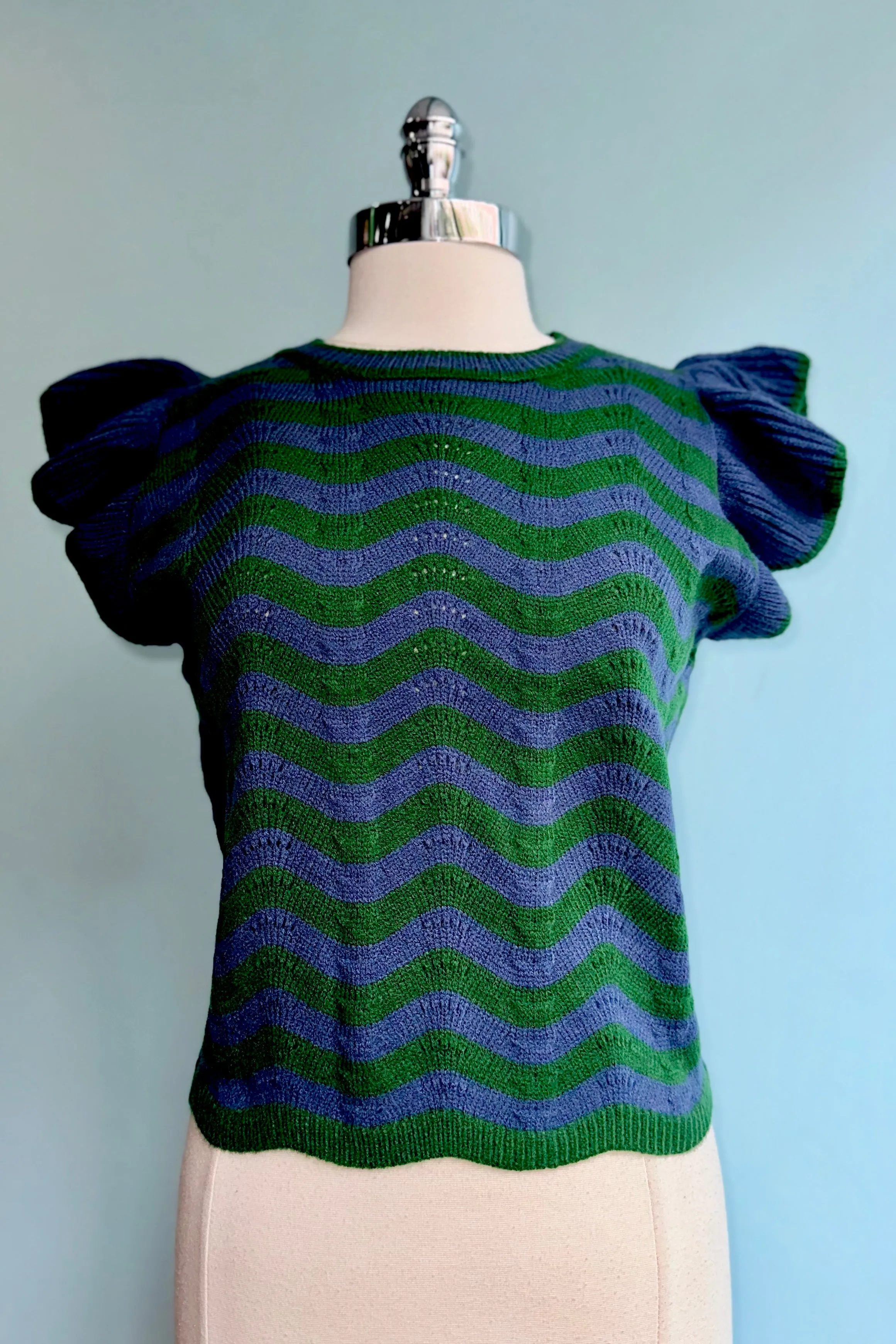 Blue and Green Wave Ruffle Sleeveless Sweater