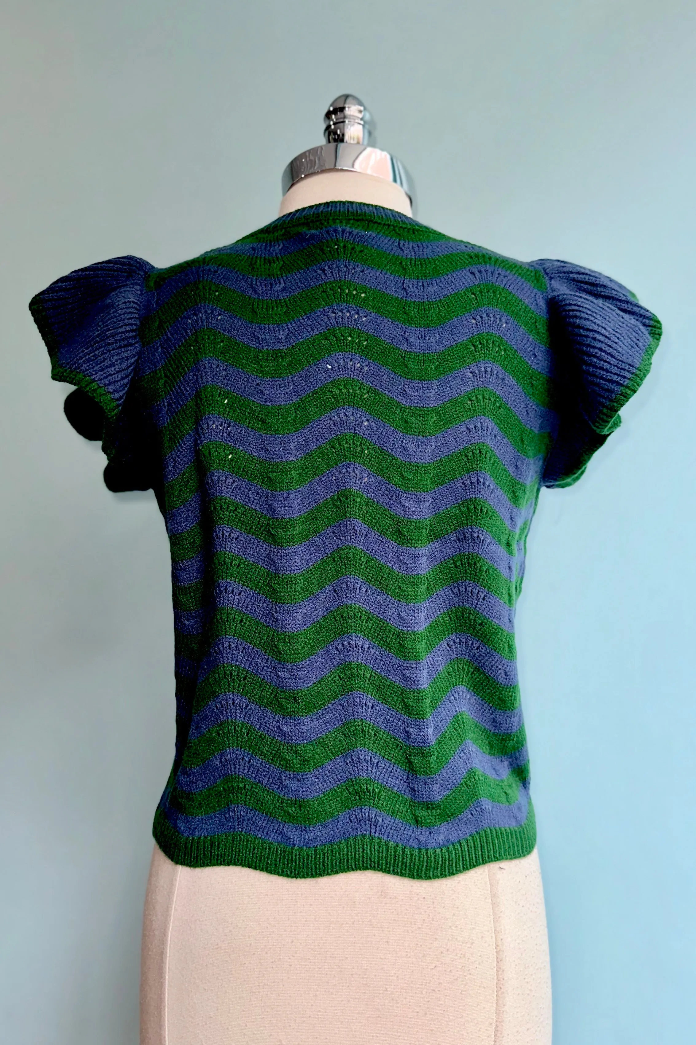 Blue and Green Wave Ruffle Sleeveless Sweater