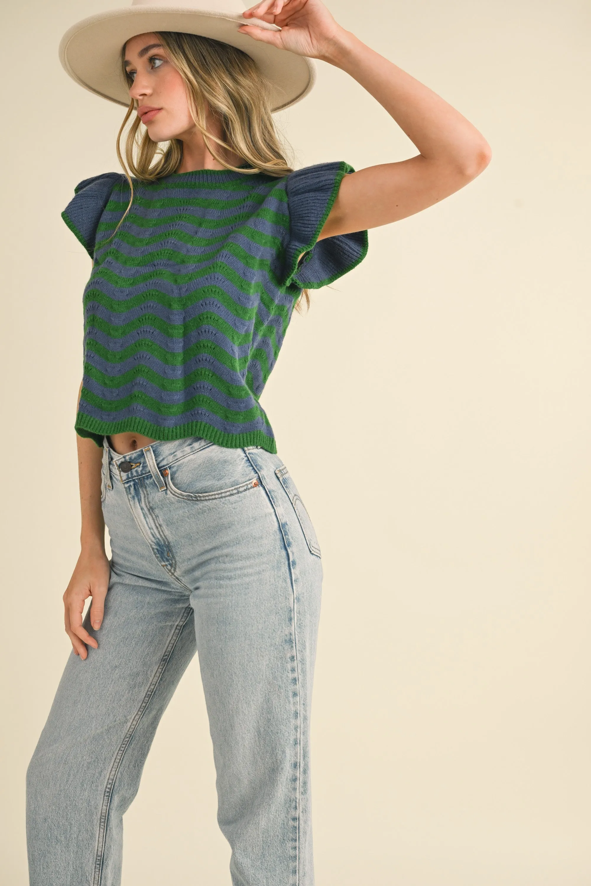 Blue and Green Wave Ruffle Sleeveless Sweater