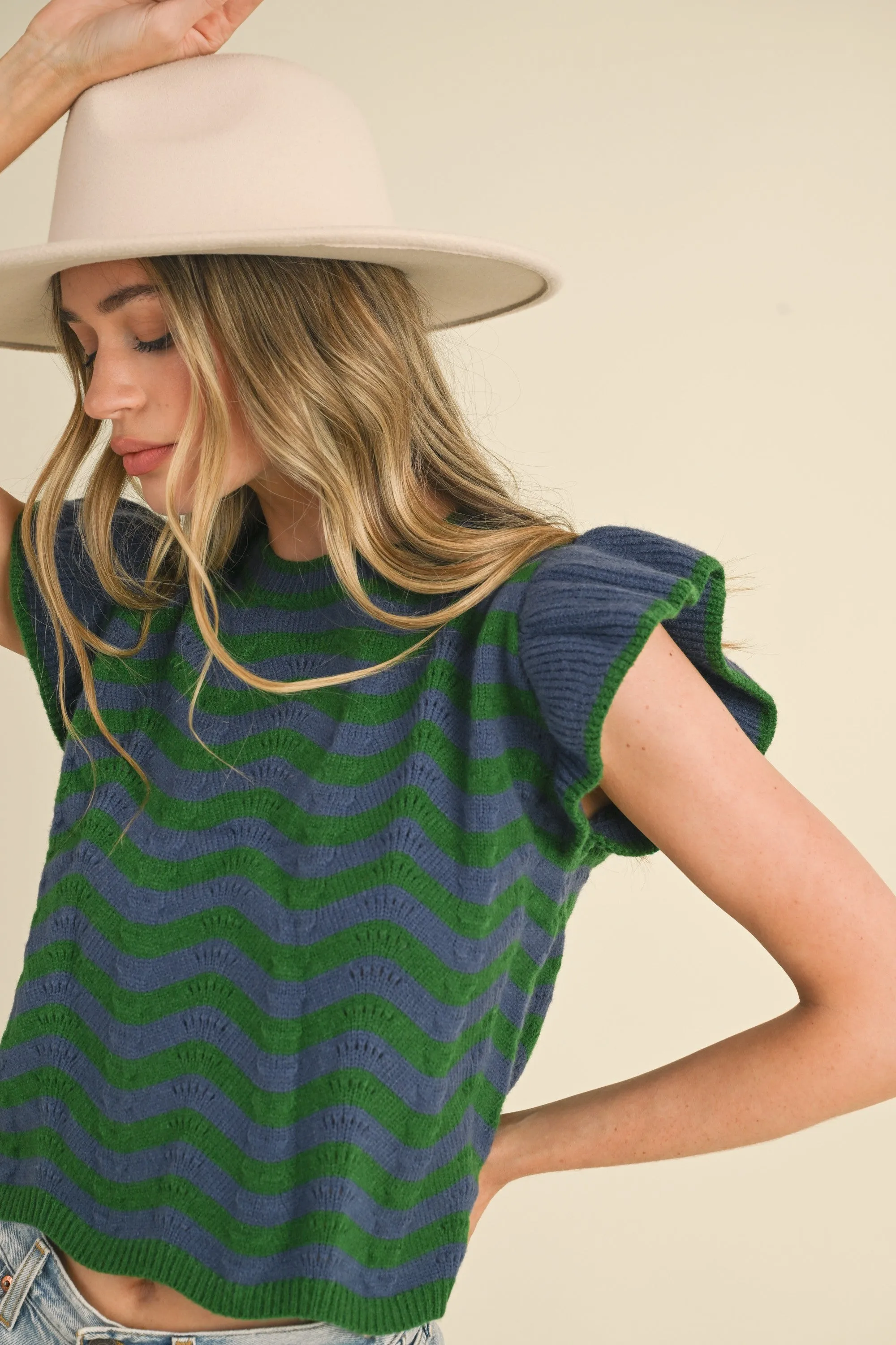 Blue and Green Wave Ruffle Sleeveless Sweater