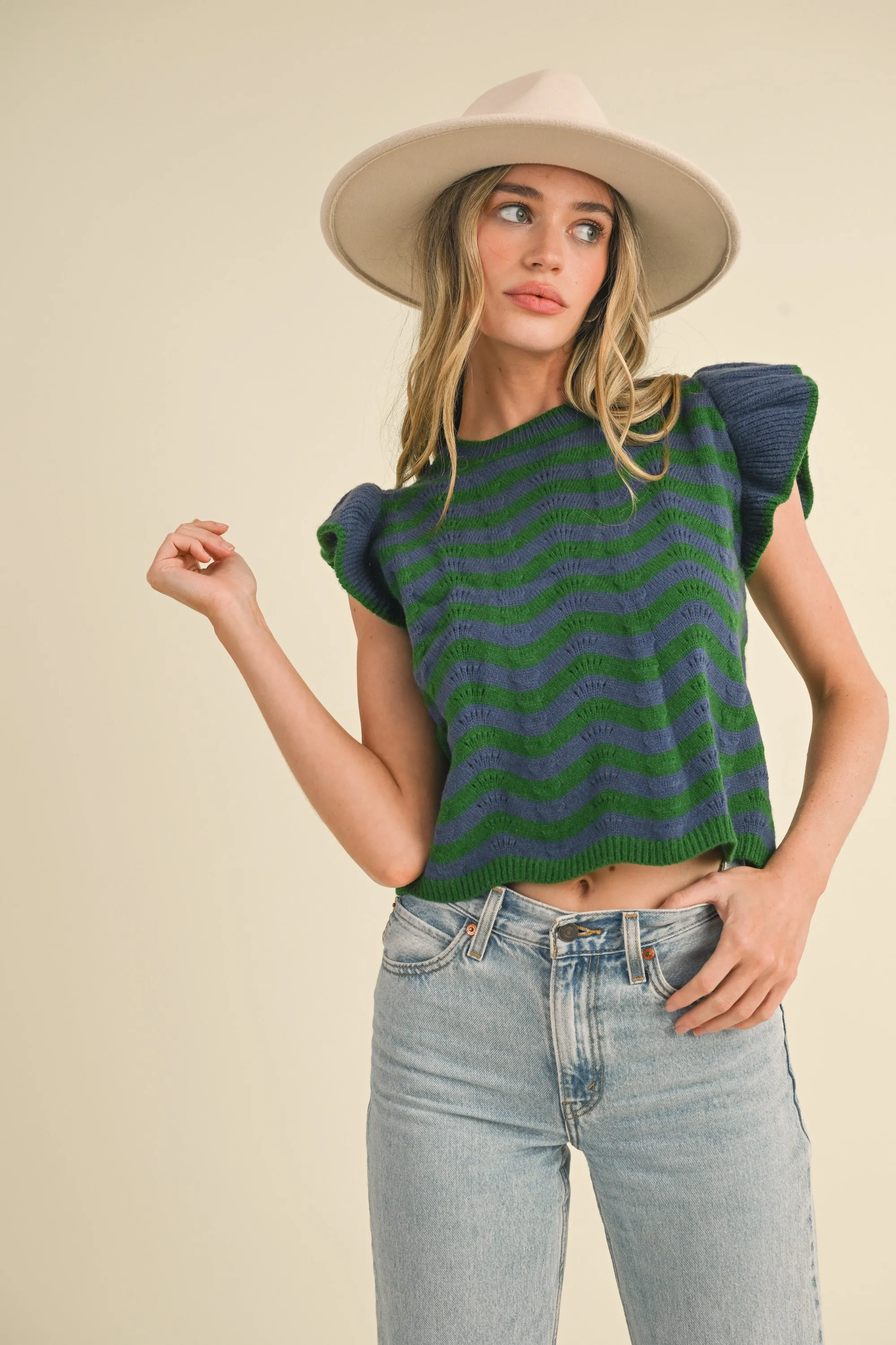 Blue and Green Wave Ruffle Sleeveless Sweater