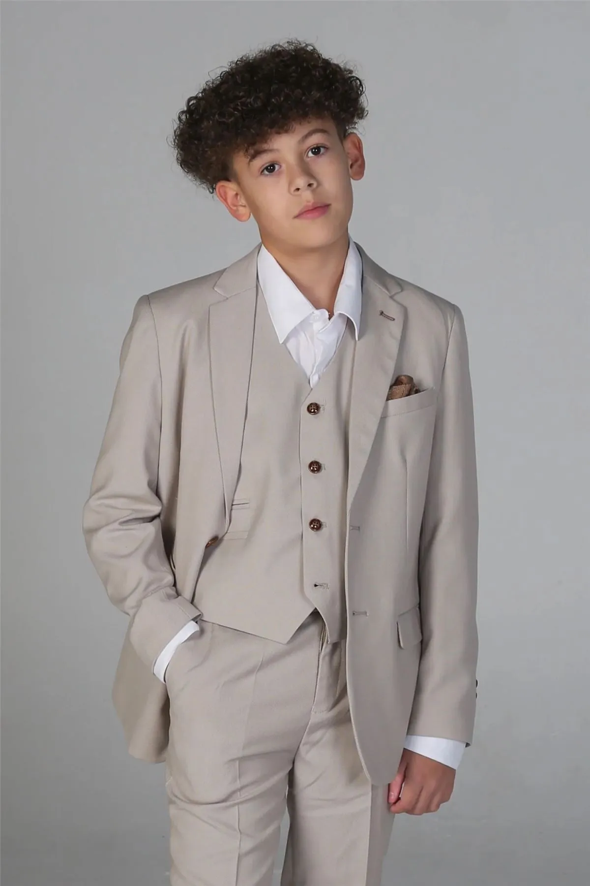 Boys 3 Piece Beige Suit Classic Birdseye Wedding