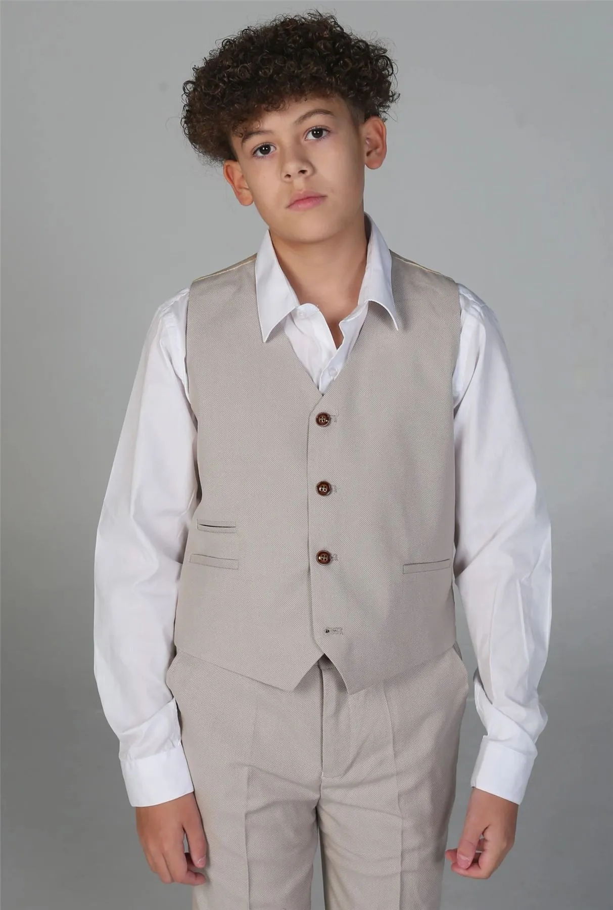 Boys 3 Piece Beige Suit Classic Birdseye Wedding