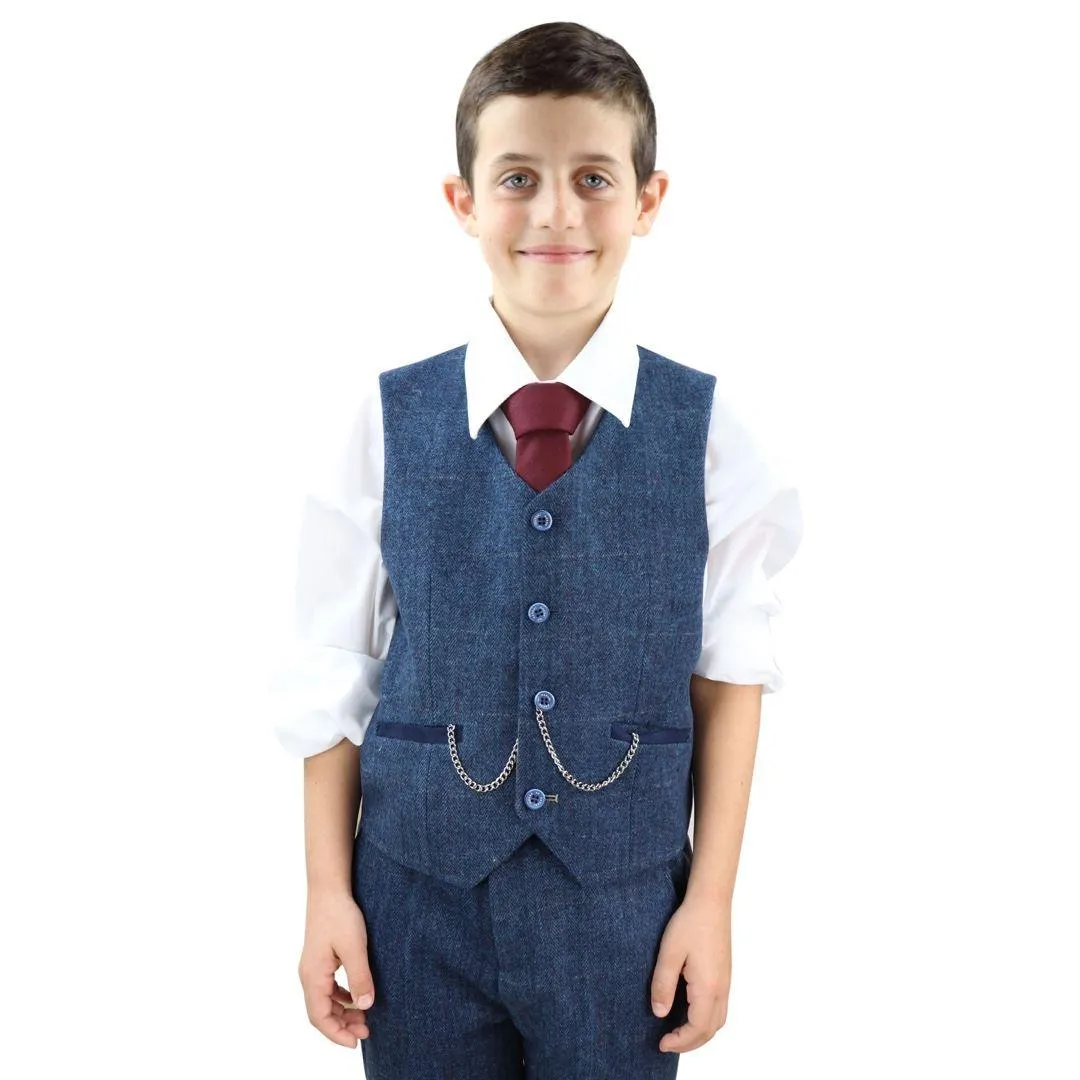 Boys 3 Piece Navy Blue Suit Tweed Check Blinders Tailored Fit Vintage