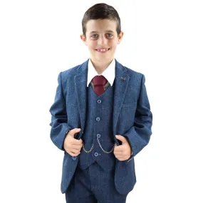 Boys 3 Piece Navy Blue Suit Tweed Check Blinders Tailored Fit Vintage