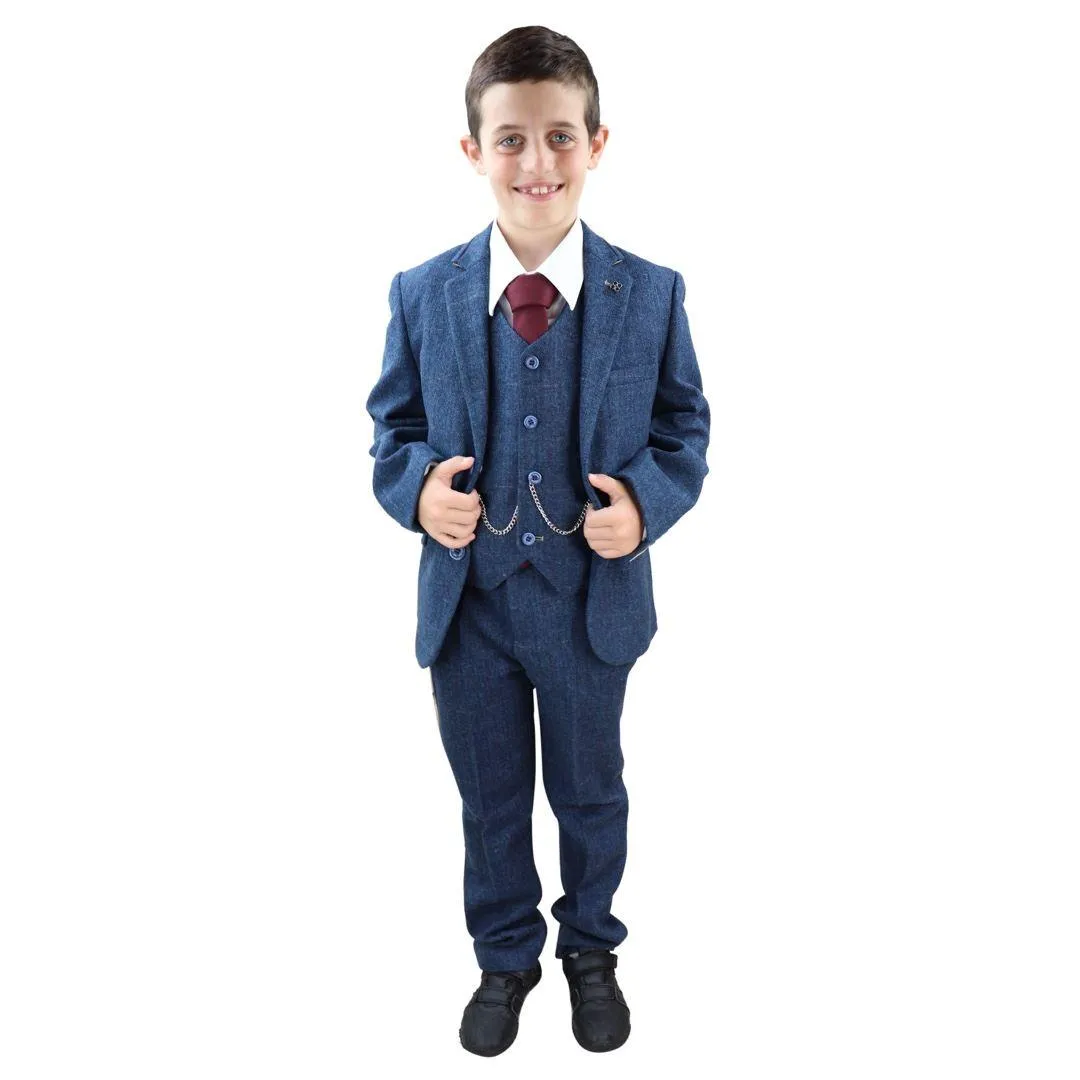 Boys 3 Piece Navy Blue Suit Tweed Check Blinders Tailored Fit Vintage