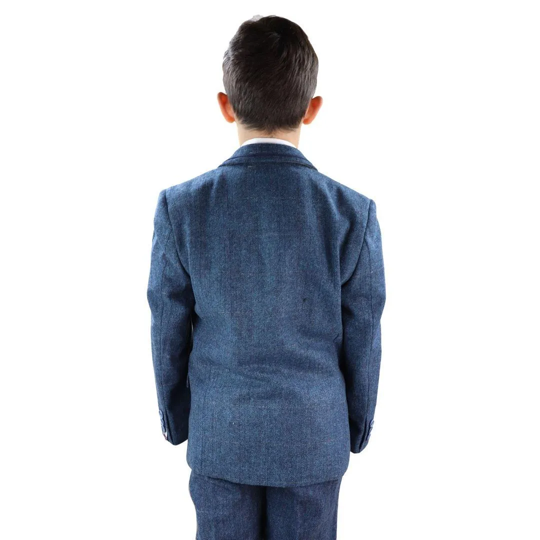 Boys 3 Piece Navy Blue Suit Tweed Check Blinders Tailored Fit Vintage