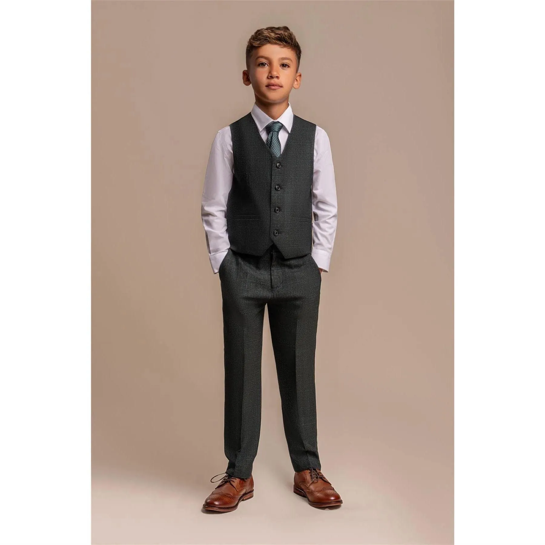 Boys 3 Piece Olive Green Check Suit Tweed Tailored Fit Wedding