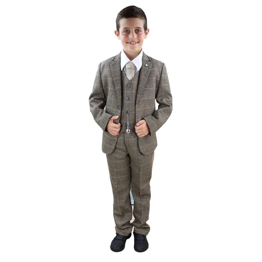 Boys 3 Piece Suit Brown Tweed Check Blinders Vintage Kids Classic 1920s