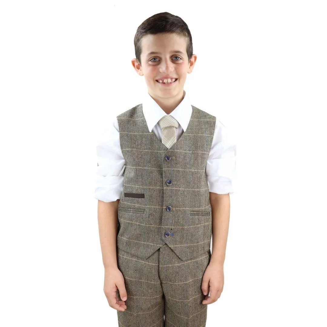 Boys 3 Piece Suit Brown Tweed Check Blinders Vintage Kids Classic 1920s