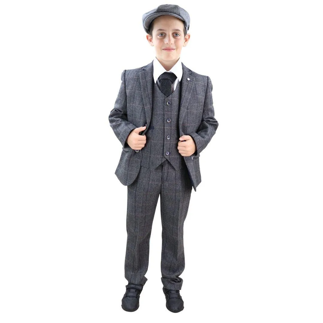 Boys 3 Piece Suit Grey Tweed Check Blinders Vintage Kids Classic 1920s