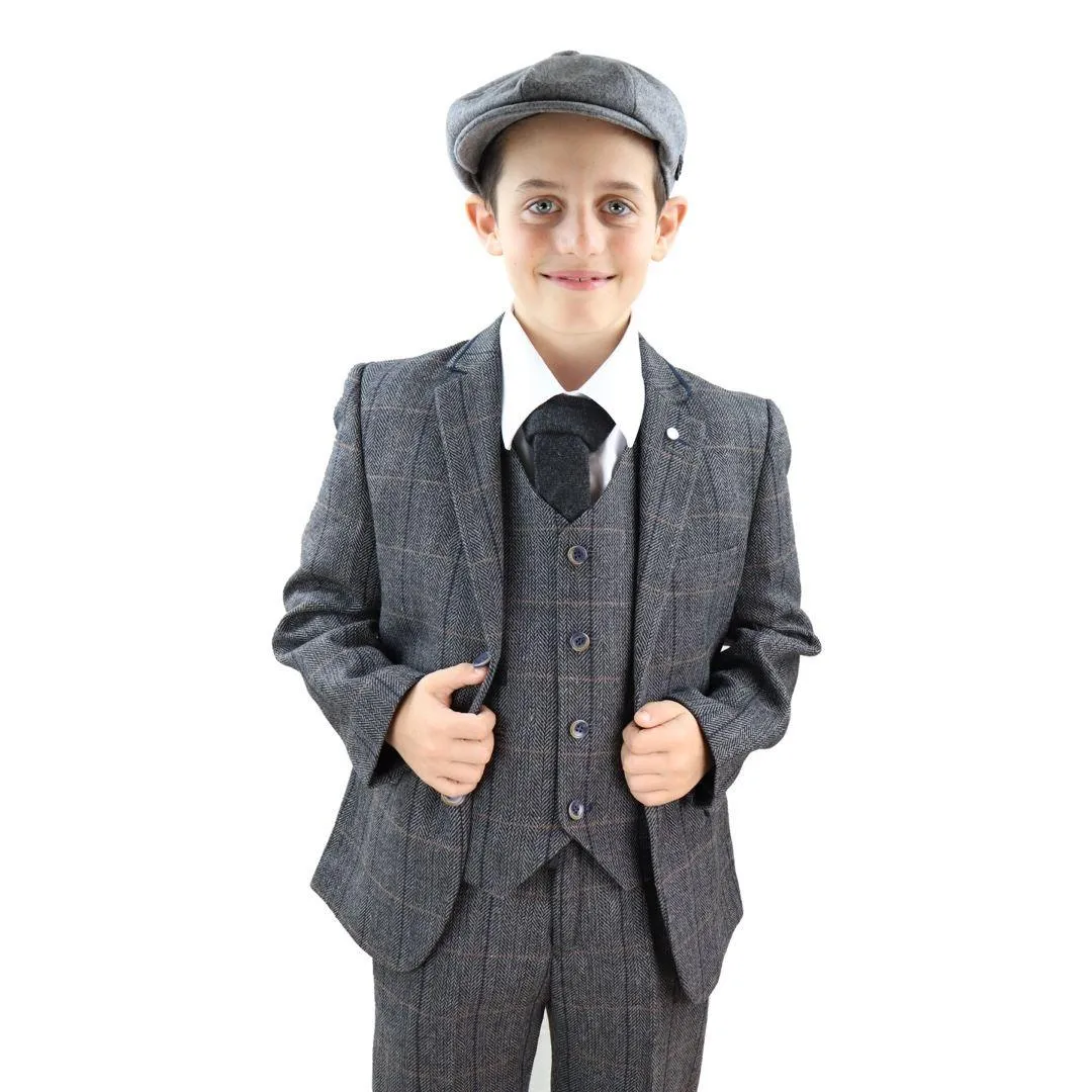 Boys 3 Piece Suit Grey Tweed Check Blinders Vintage Kids Classic 1920s