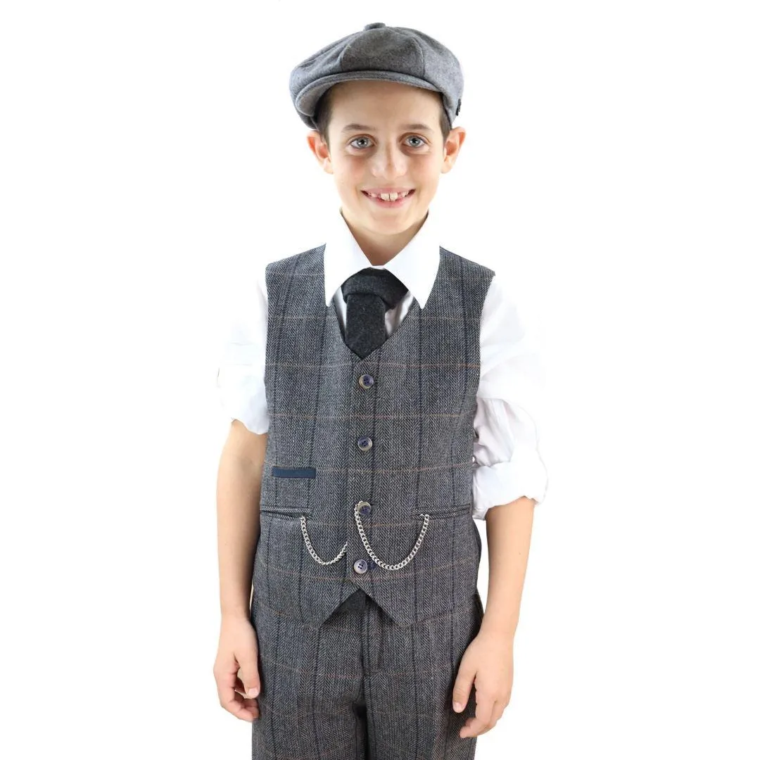 Boys 3 Piece Suit Grey Tweed Check Blinders Vintage Kids Classic 1920s