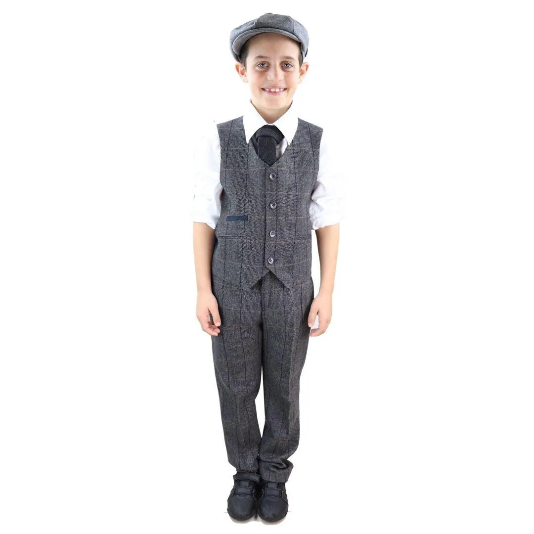 Boys 3 Piece Suit Grey Tweed Check Blinders Vintage Kids Classic 1920s