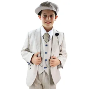 Boys 3 Piece Suit Tweed Cream Black Tailored Fit Wedding Blinders Classic