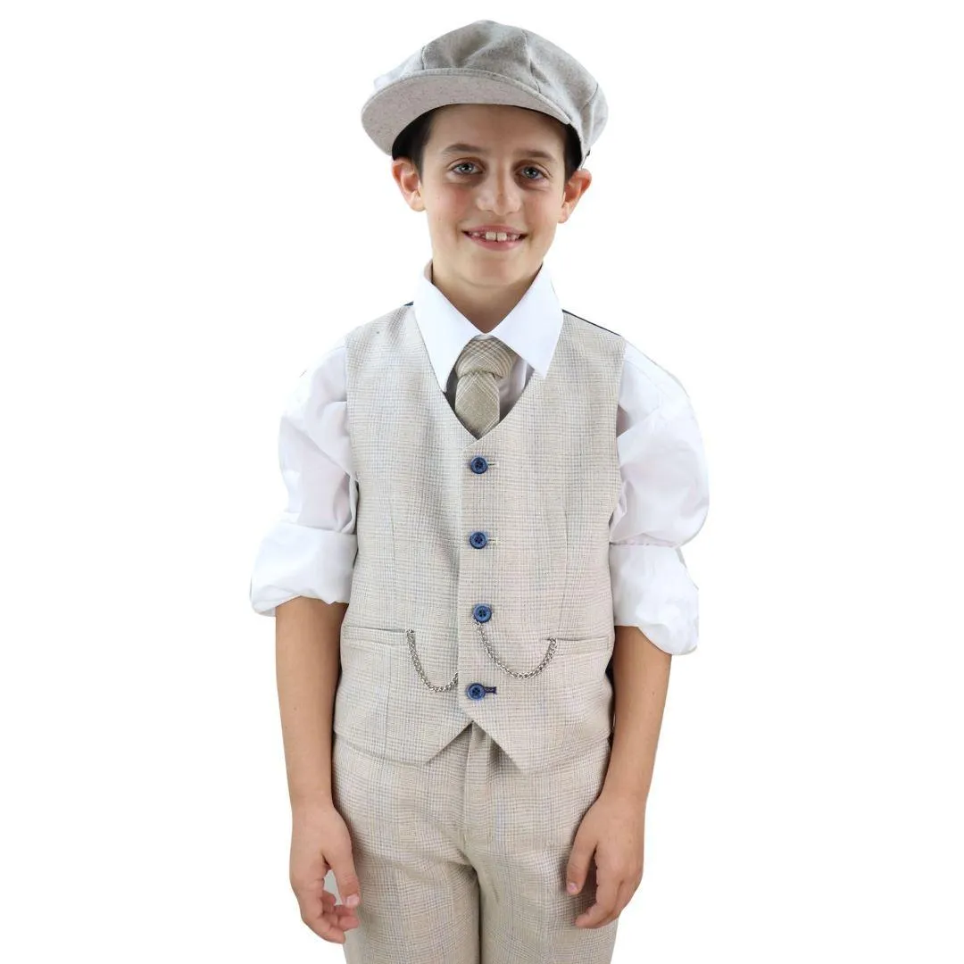 Boys 3 Piece Suit Tweed Cream Black Tailored Fit Wedding Blinders Classic