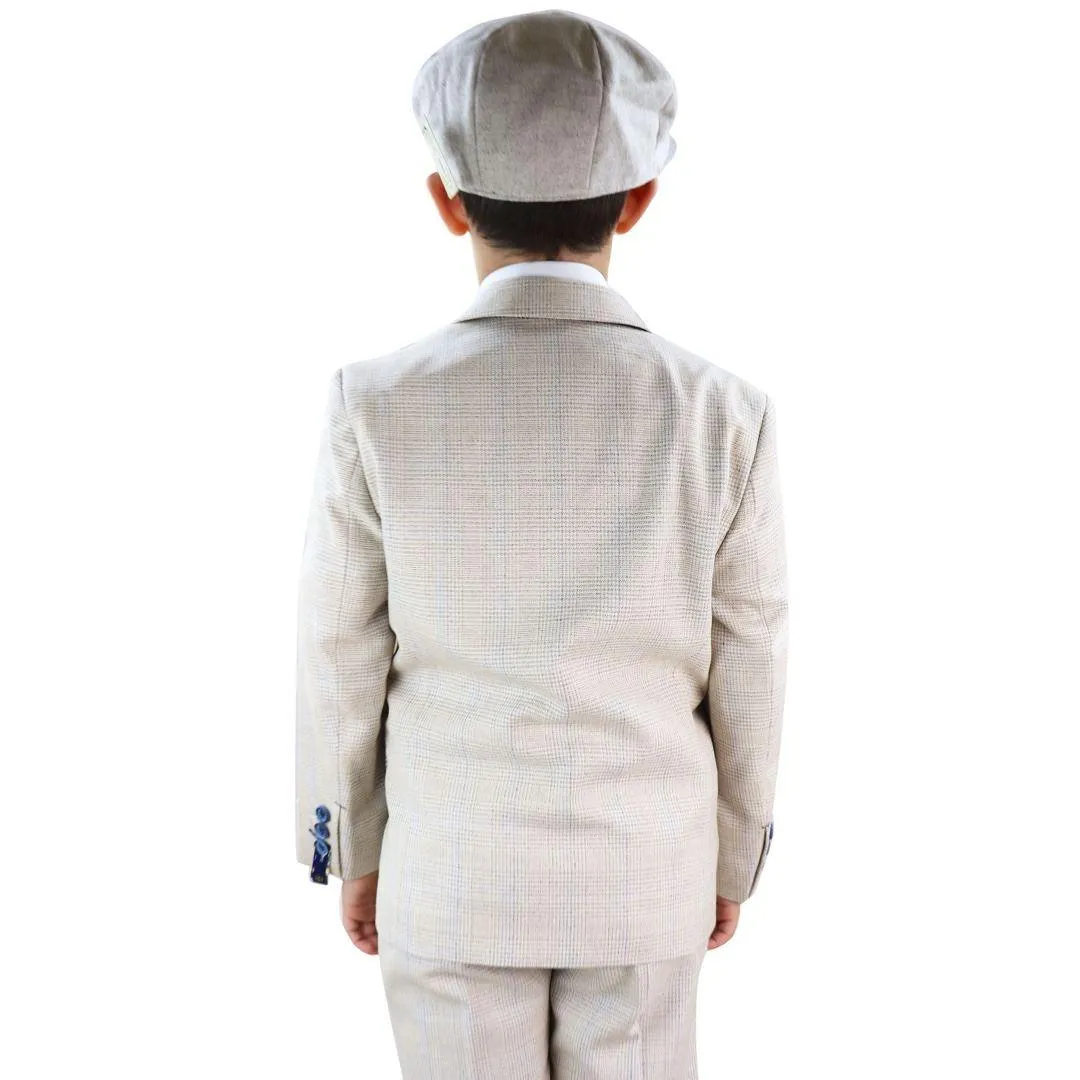 Boys 3 Piece Suit Tweed Cream Black Tailored Fit Wedding Blinders Classic