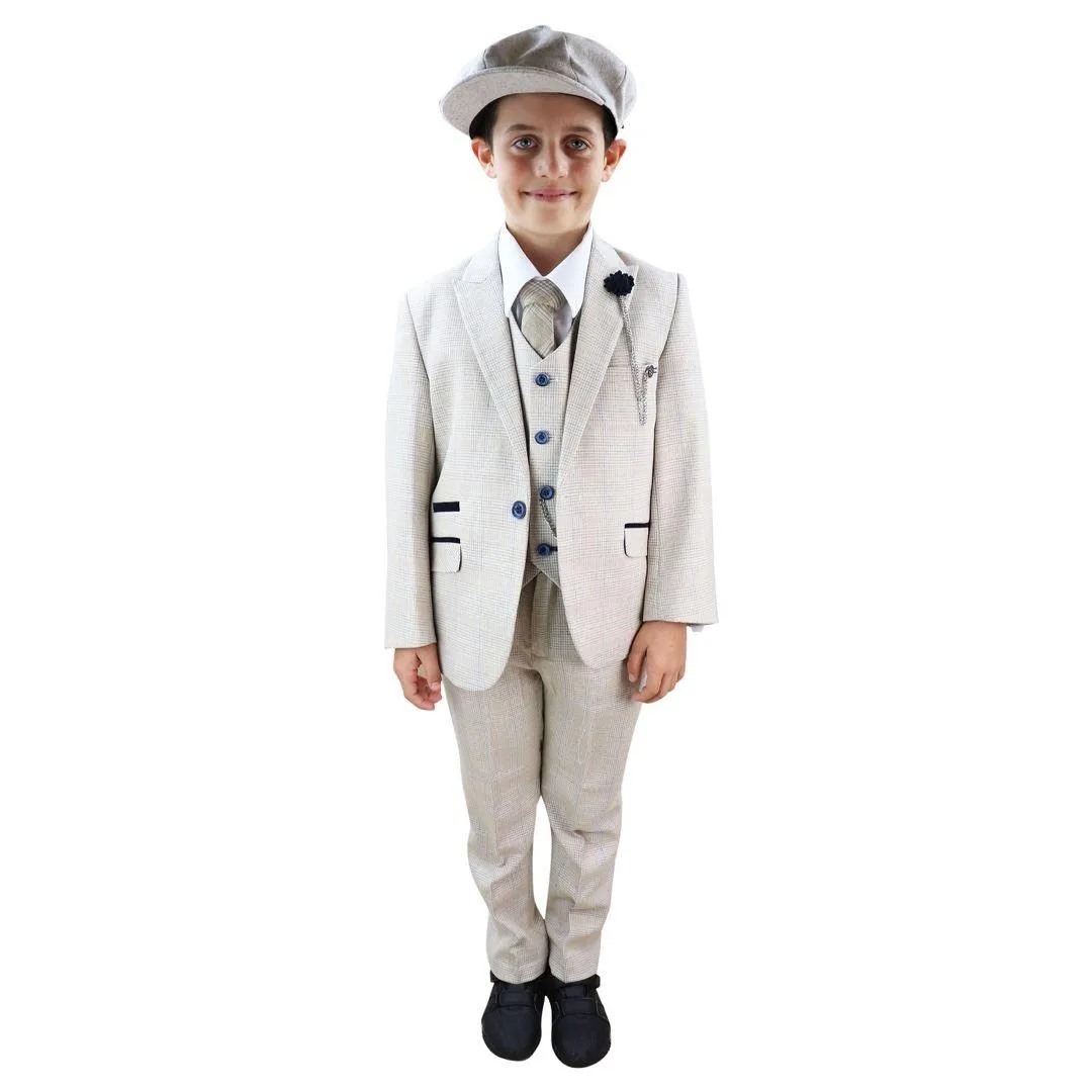 Boys 3 Piece Suit Tweed Cream Black Tailored Fit Wedding Blinders Classic